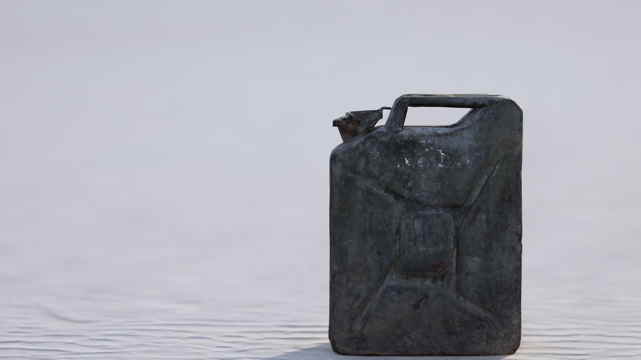 vieja lata de combustible oxidada en la playa