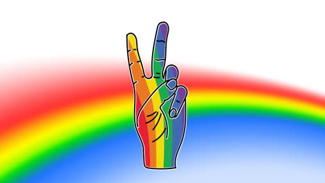 animación del signo de la mano de la victoria sobre el fondo del arco iris.