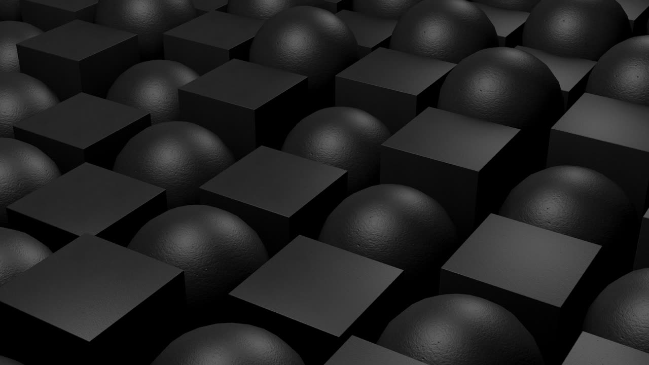 3d-анимация. черные сферы и кубики или коробки движутся случайным образом, поднимаясь вверх и вниз. беспрепятственный цикл.