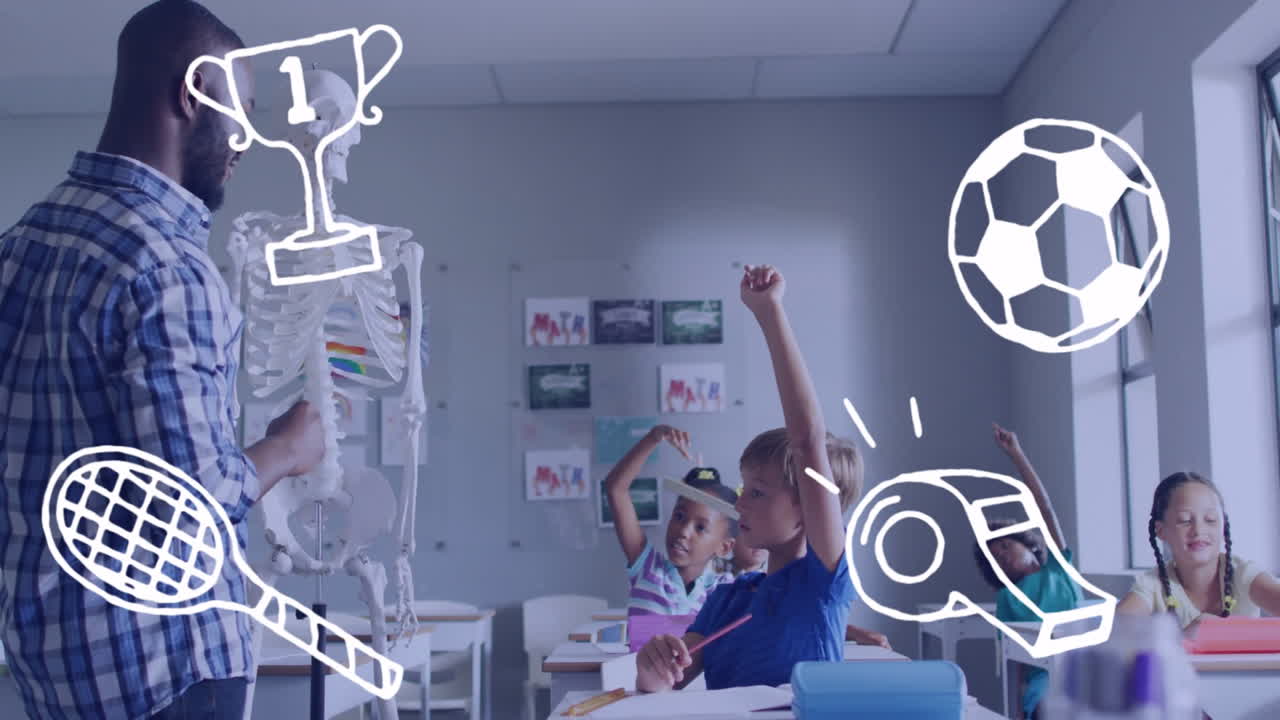 In school, teacher using animation to engage students with sports-themed drawings