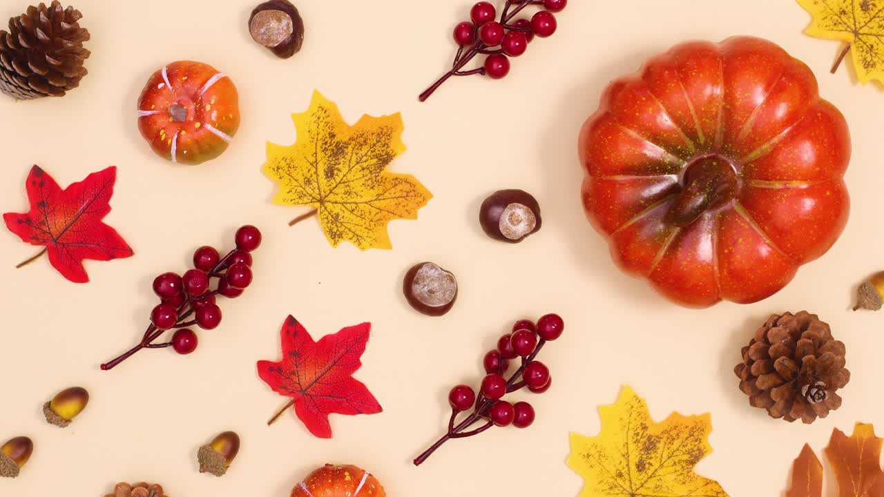 Motivo autunnale creativo in movimento su sfondo beige. Stop motion.