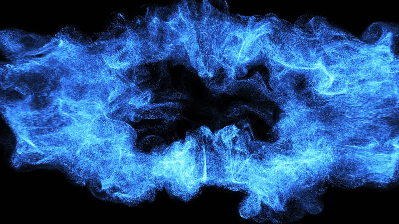 Esplosione astratta di particelle di energia blu su sfondo nero