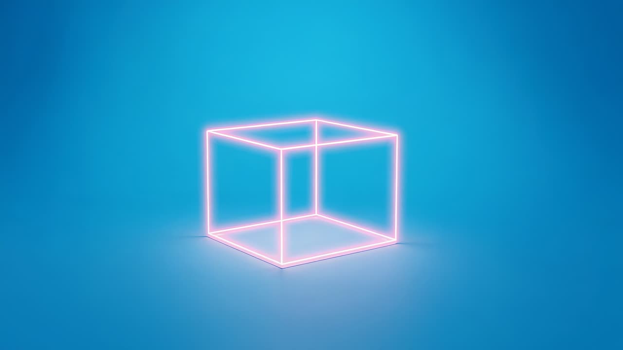 Svævende neon kube wireframe med glødende kanter, der svæver over et blåt gulv i et studie, kaster en refleksion
