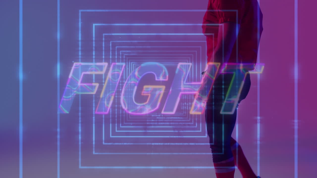 아메리칸 볼 선수와 네온 배경 위의 싸움 텍스트와 네온 조명의 애니메이션