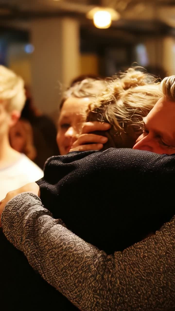 Momenti emozionanti di connessione: due persone si scambiano calorosi abbracci e sorrisi sinceri durante un incontro sociale all'insegna della gioia e dello stare insieme