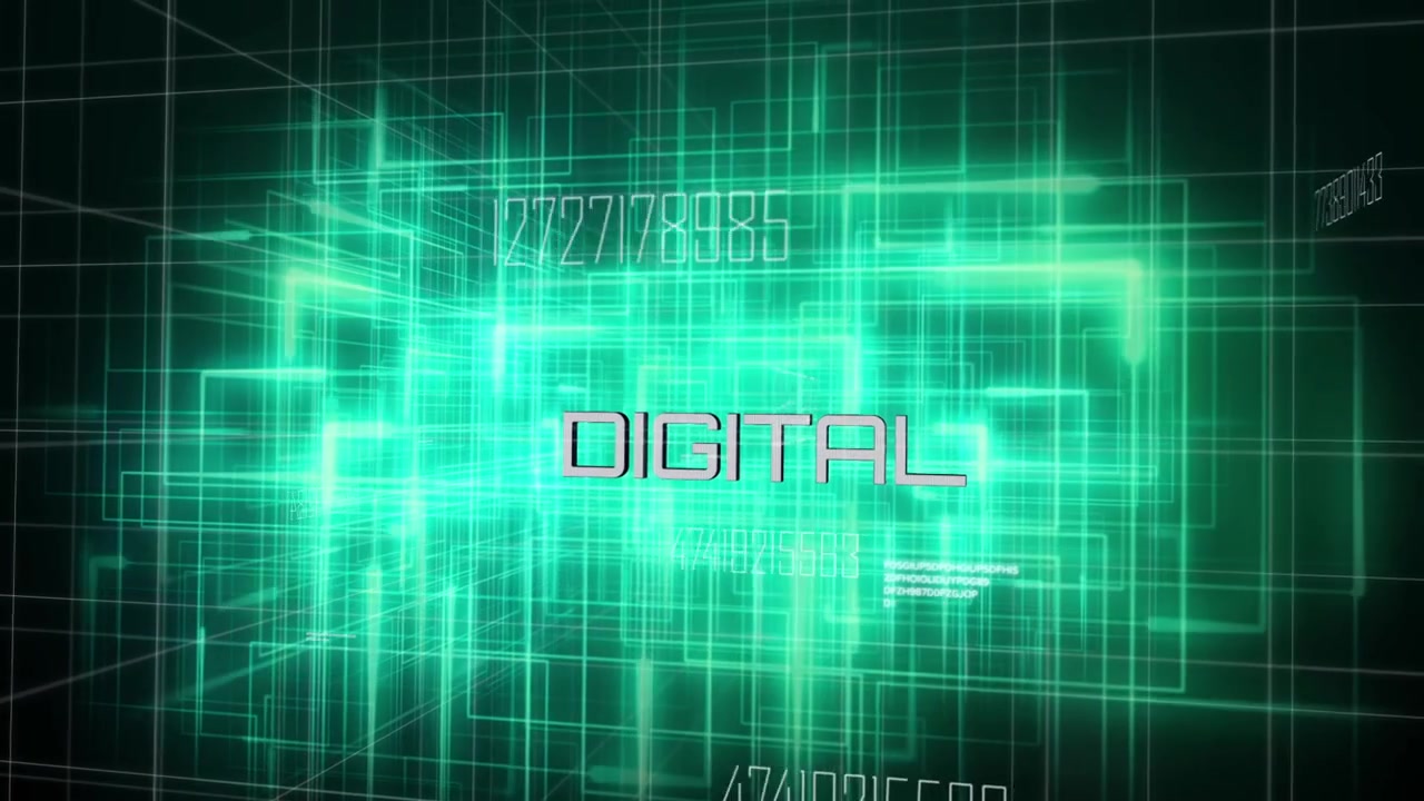 Forming neon green wireframe and rotating in digital space, with DIGITAL text, codes, red scanline