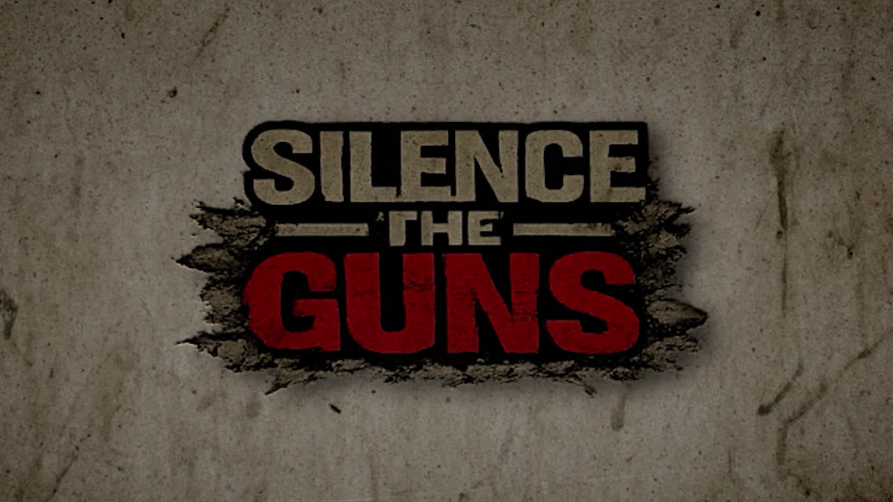 Bold text 'Silence the Guns' on a textured wall, conveying a strong anti-violence message