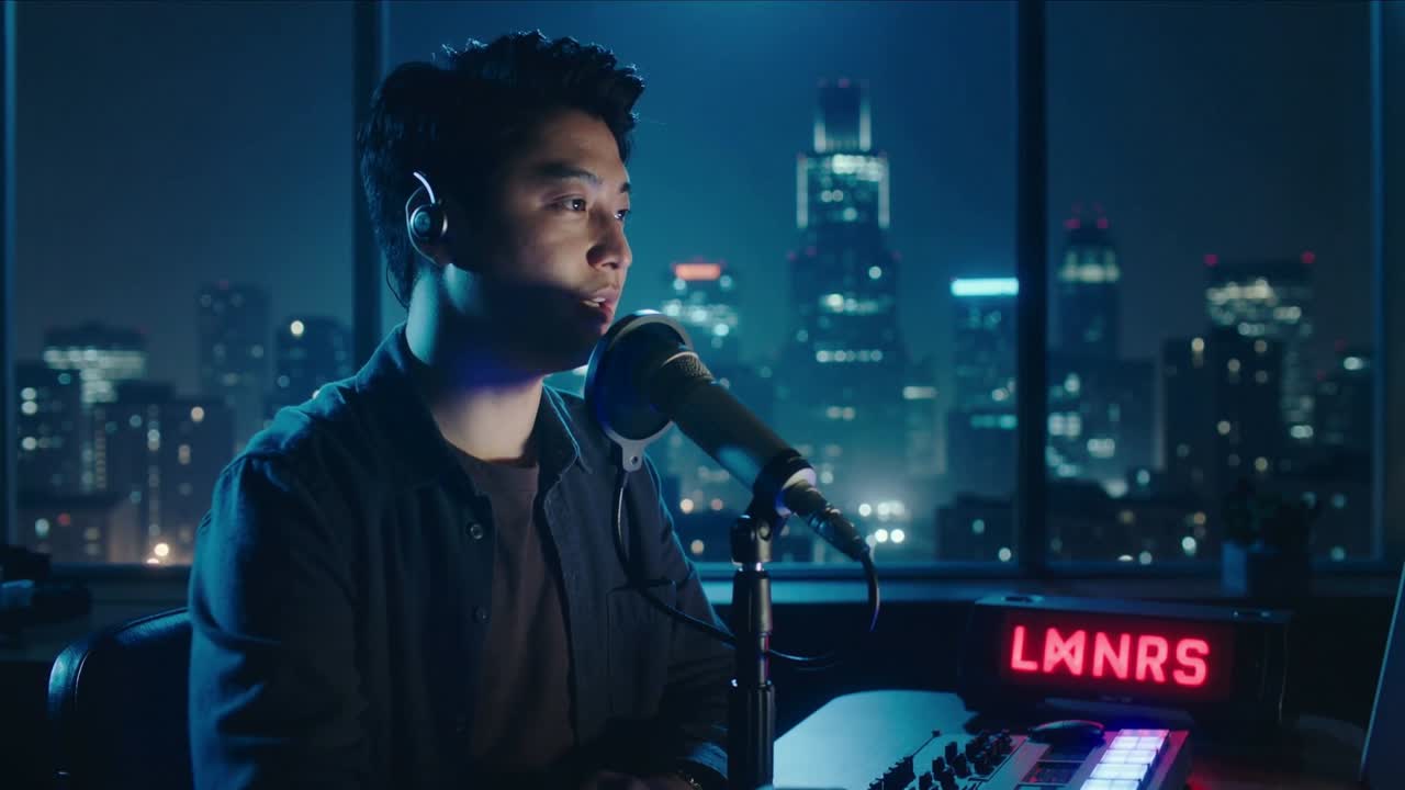 Host asiatico che parla di notte, con maglietta scura e cuffie, monitora la scaletta dal laptop e trasmette in streaming tramite microfono e mixer.
