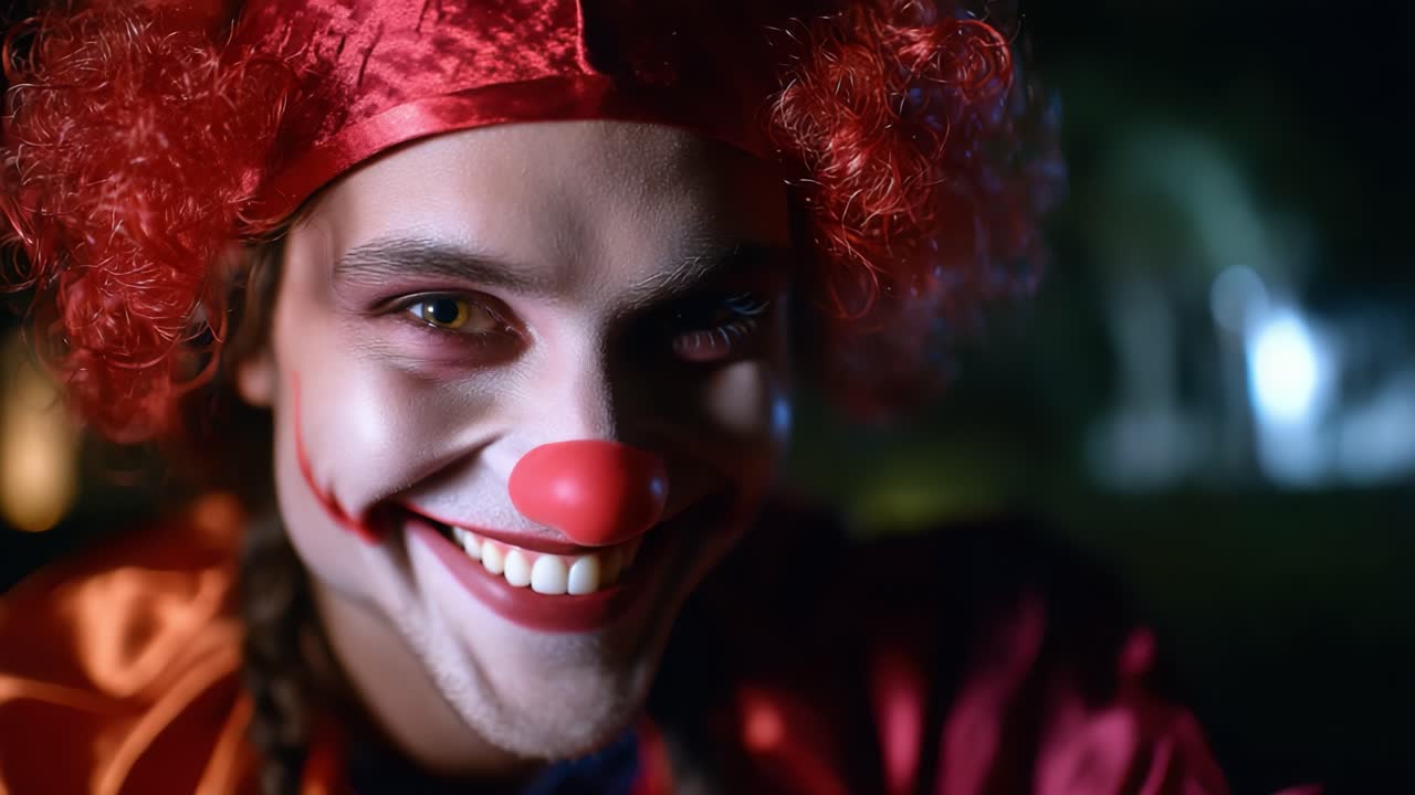 A captivating transformation of a clown captured in two frames, showcasing a striking contrast between a menacing gaze and a joyful smile