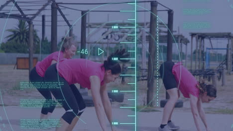 animación del procesamiento de datos sobre mujeres diversas en ejercicios de carrera de obstáculos