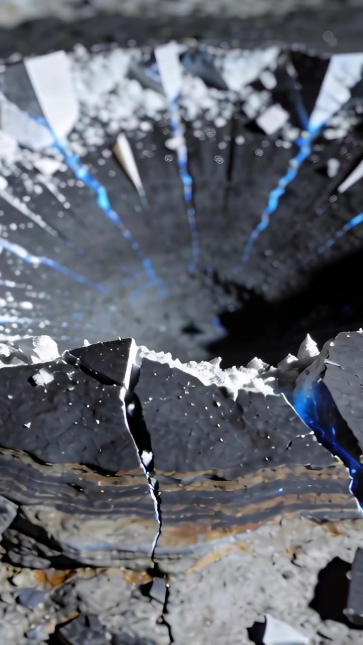 Video verticale: Telecamera in movimento che rivela un bordo di roccia fratturata e una vena blu in una fossa, con schegge che cadono.