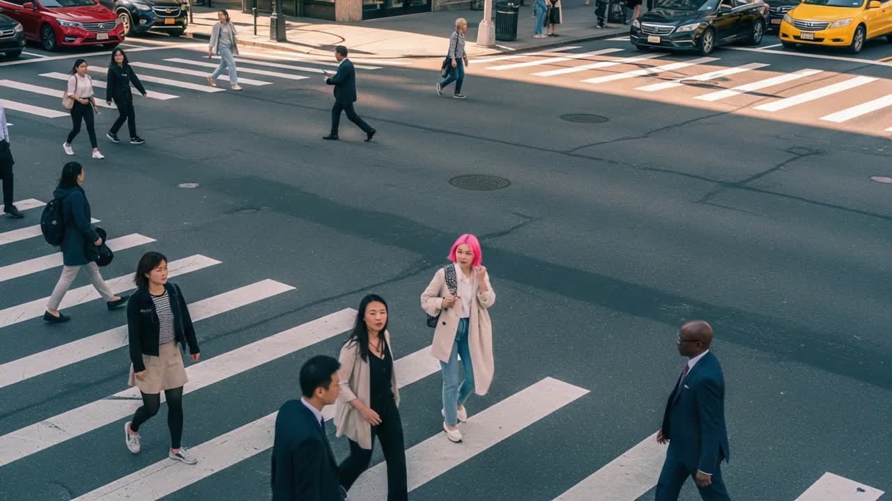 People walking across a crosswalk on a busy city street