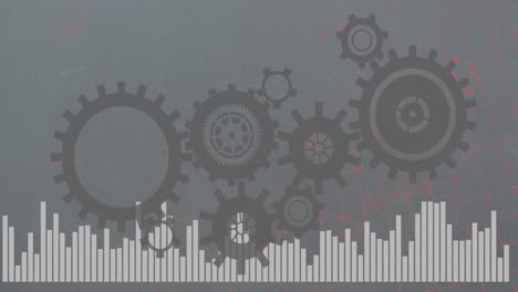 animation of statistical data processing, spinning gear icons and mathematical equations