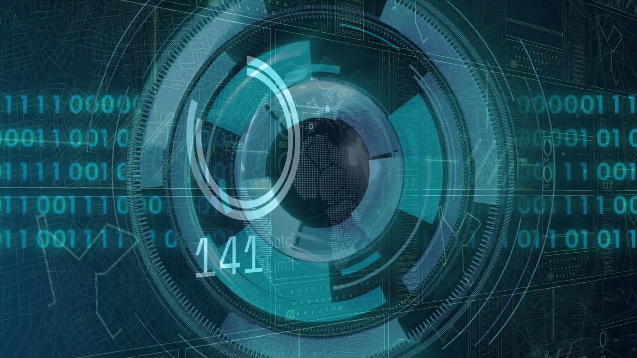 Rotating globe and binary code animation on digital interface screen