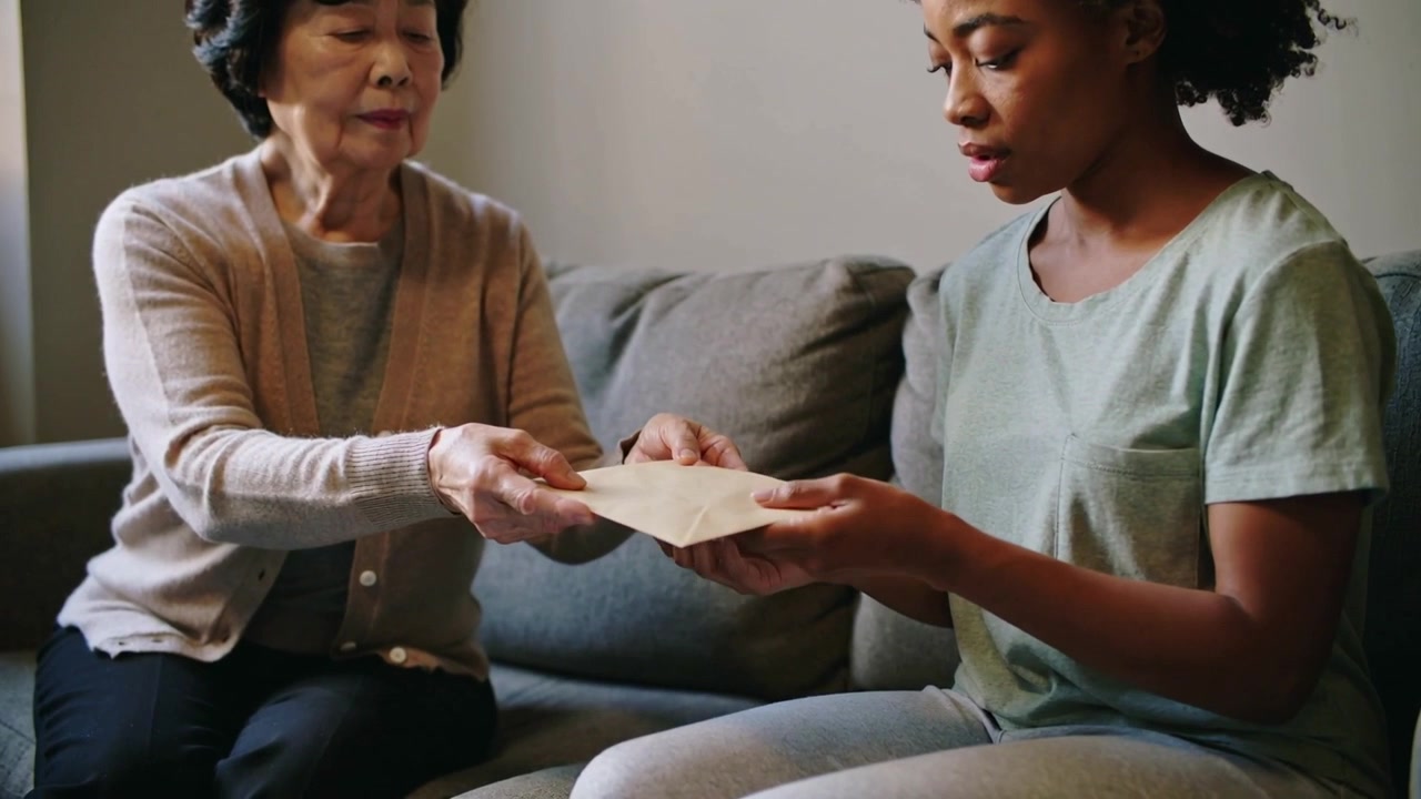 Extending elder in cardigan handing envelope to woman in tee at home on sofa for family