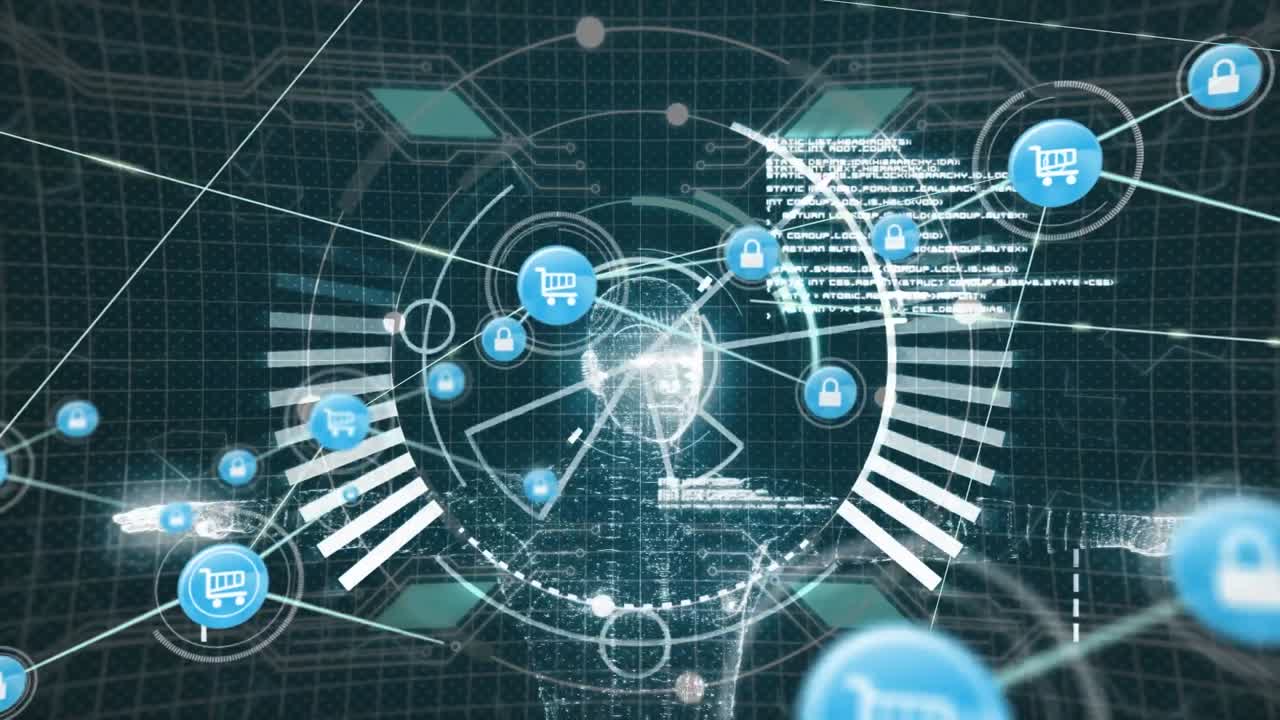 검은 바탕에서 범위 스캐닝과 데이터 처리에 대한 연결 네트워크의 애니메이션