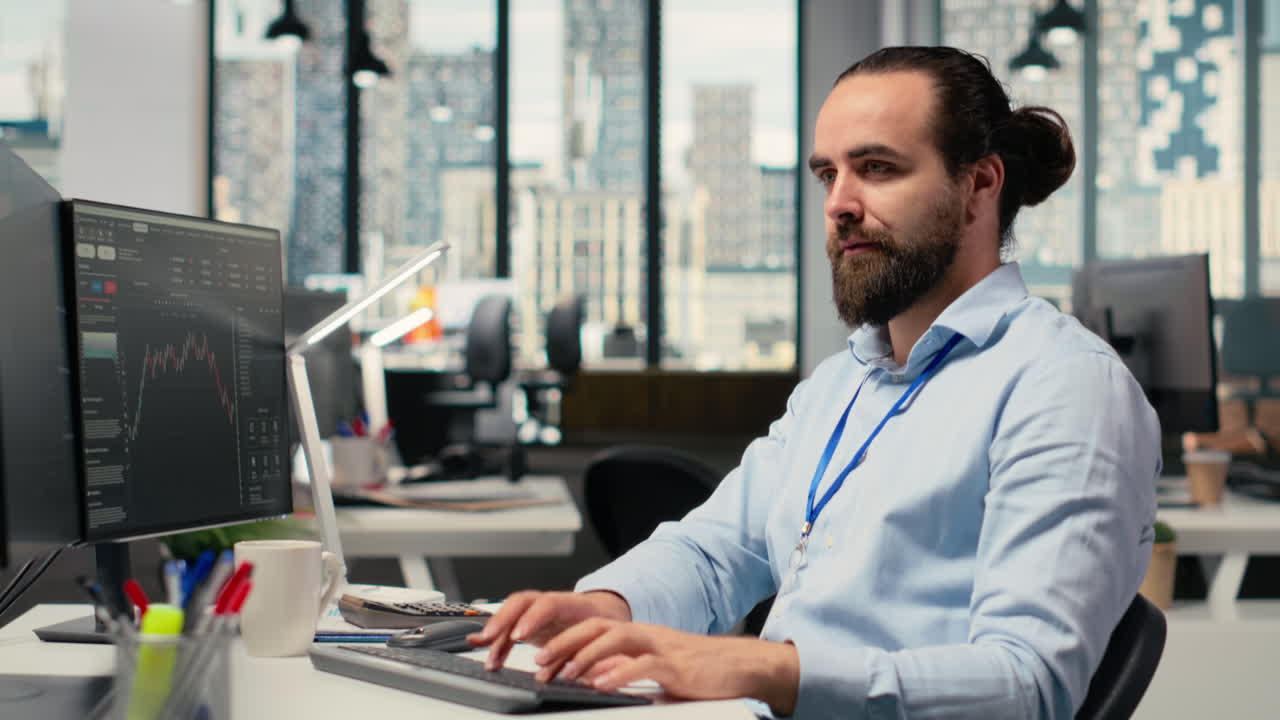 Trader in office doing brainstorming before committing to investment