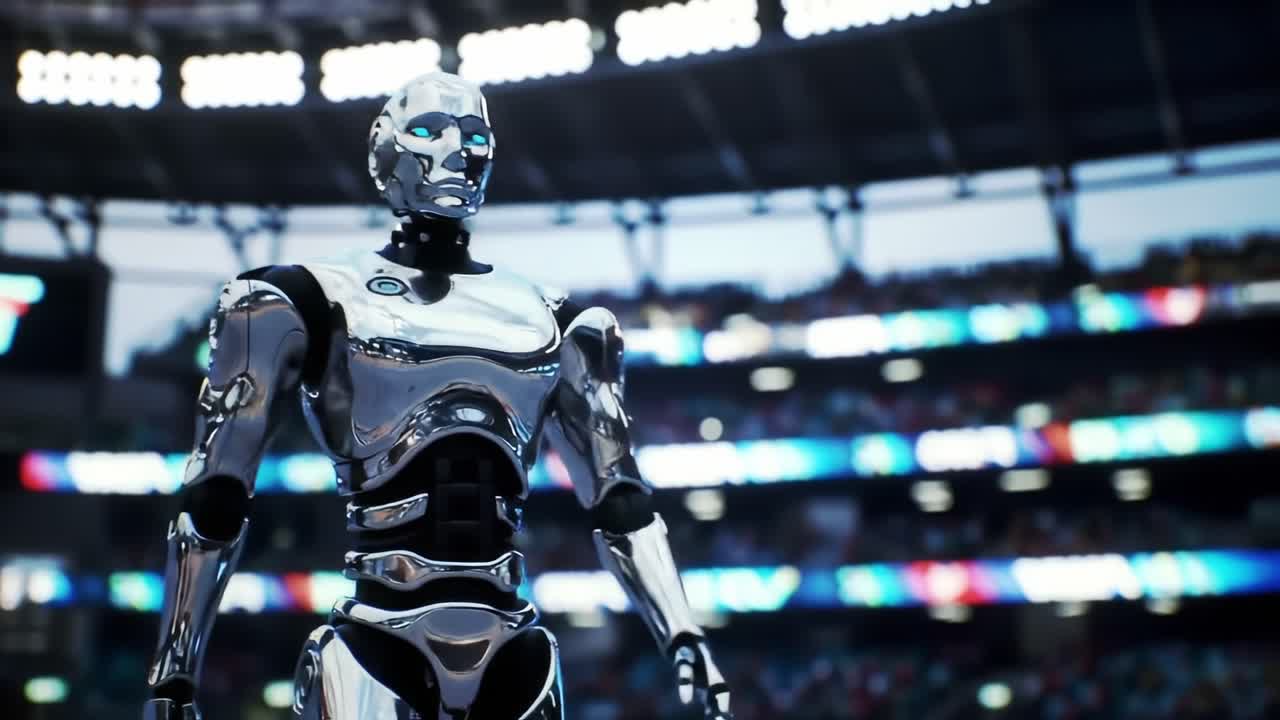 A Futuristic Soccer Match Featuring a Sleek Chrome Robot as the Main Focus, Showcasing Advanced Technology in a Dynamic Stadium Environment