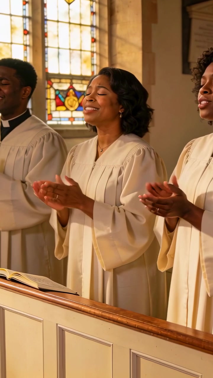 Vertical video: Singing center singer in ivory robe, clapping at rail with open hymnal on hymn cue