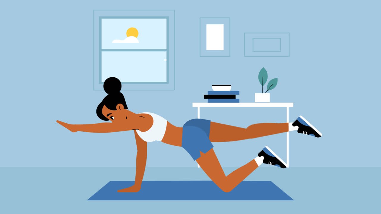 анимация женщины, тренирующейся дома в одиночку