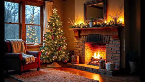 christmas living room with fireplace and decor