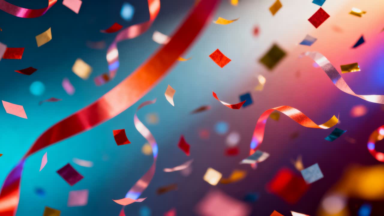 Release starting, confetti and metallic ribbons drifting over studio gradient backdrop, bokeh