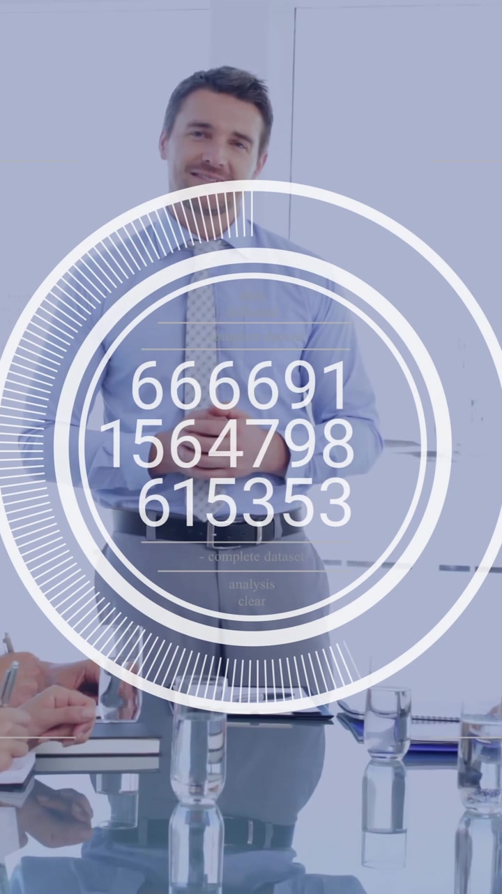 Business meeting with data processing animation over diverse professionals in office