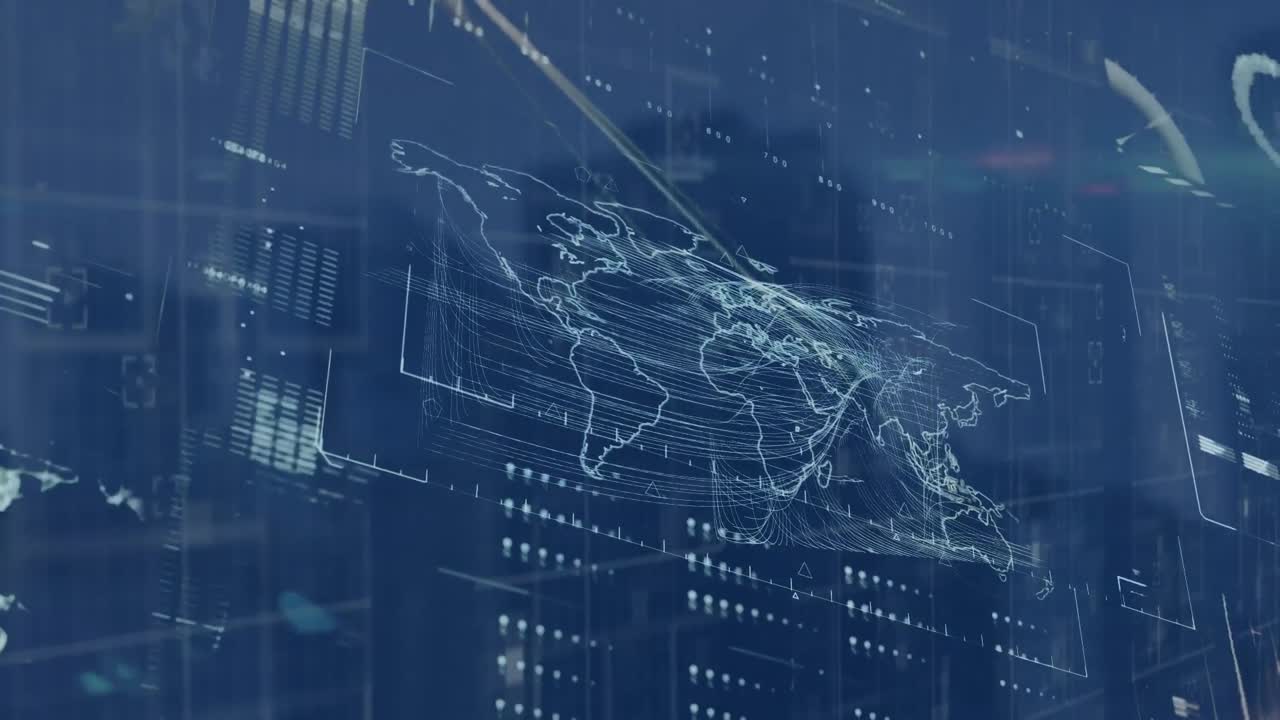 Animation of data processing and world map over cityscape