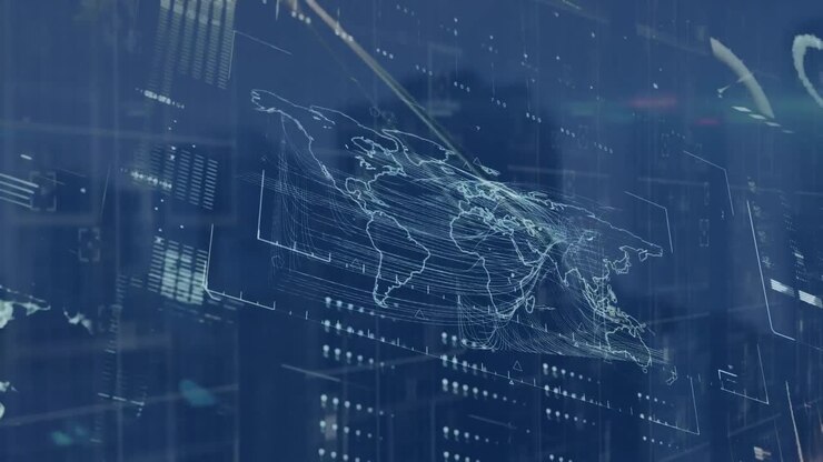 Animation of data processing and world map over cityscape