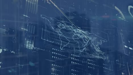animation of data processing and world map over cityscape