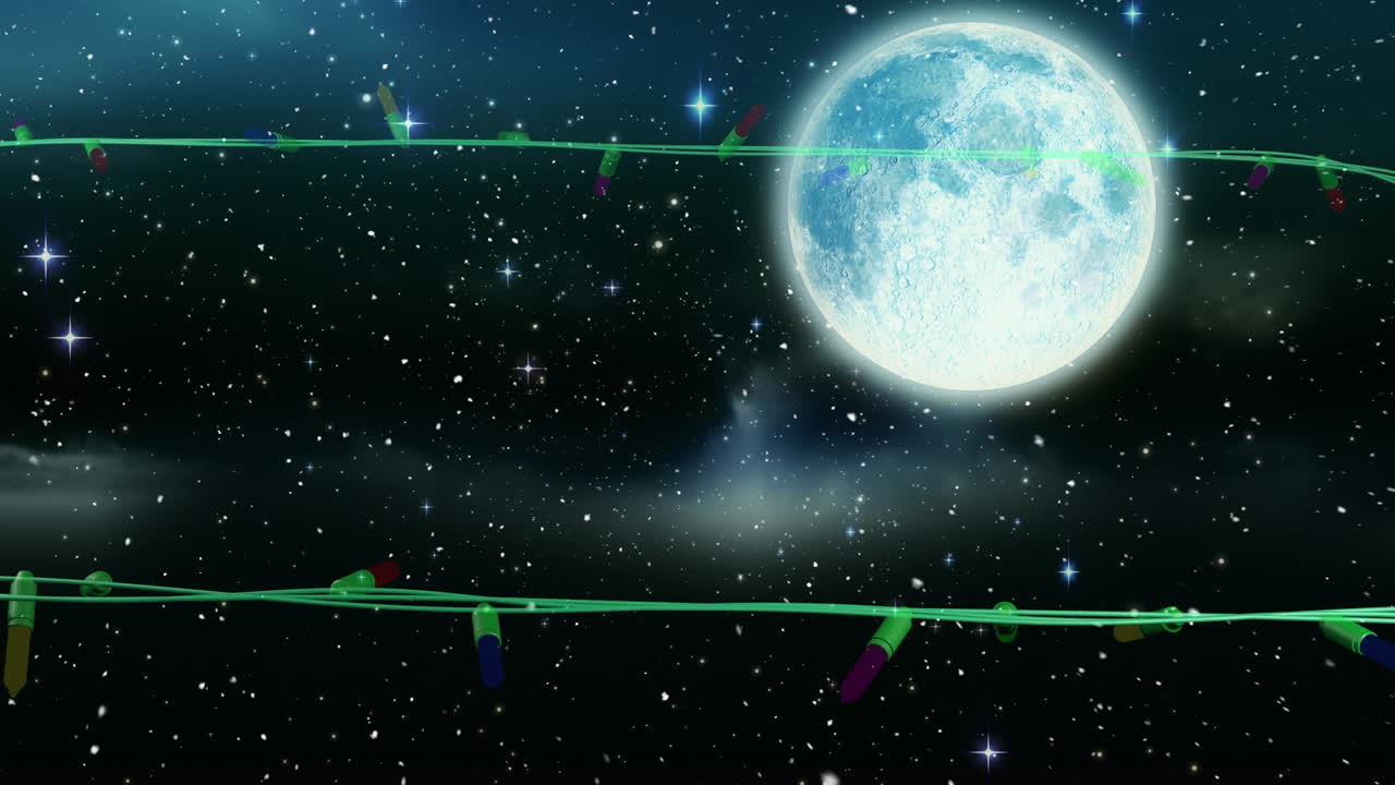 Coloured christmas string lights flashing over full moon in night sky