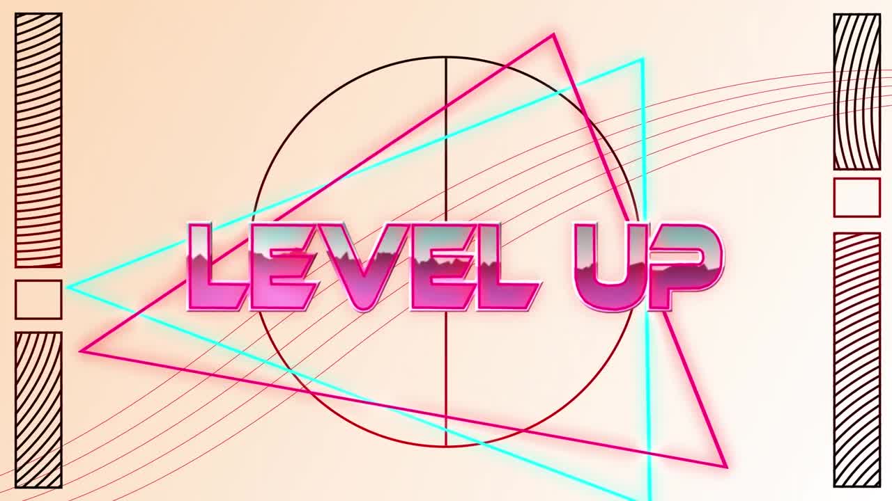 ⁇ 색 배경의 기하학적 모양 위에 레벨 업 텍스트의 애니메이션
