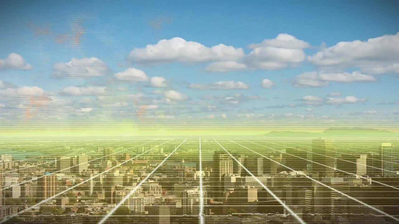 구름이 가득한 하늘을 배경으로 도시를 공중에서 볼 수 있는 그리드 패턴으로 조명된 렌즈 플레어의 애니메이션
