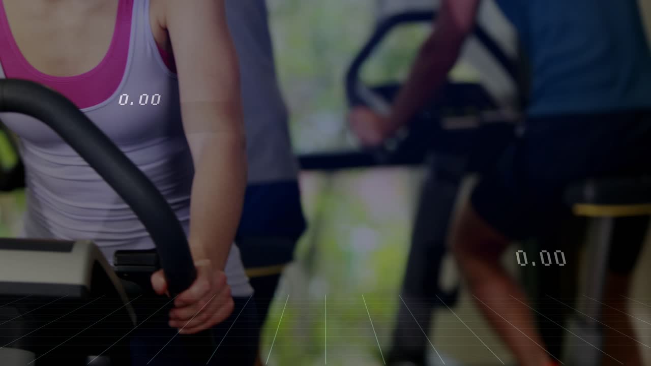 Woman gripping bars and cycling in gym, starting console data and animating biometrics for fitness
