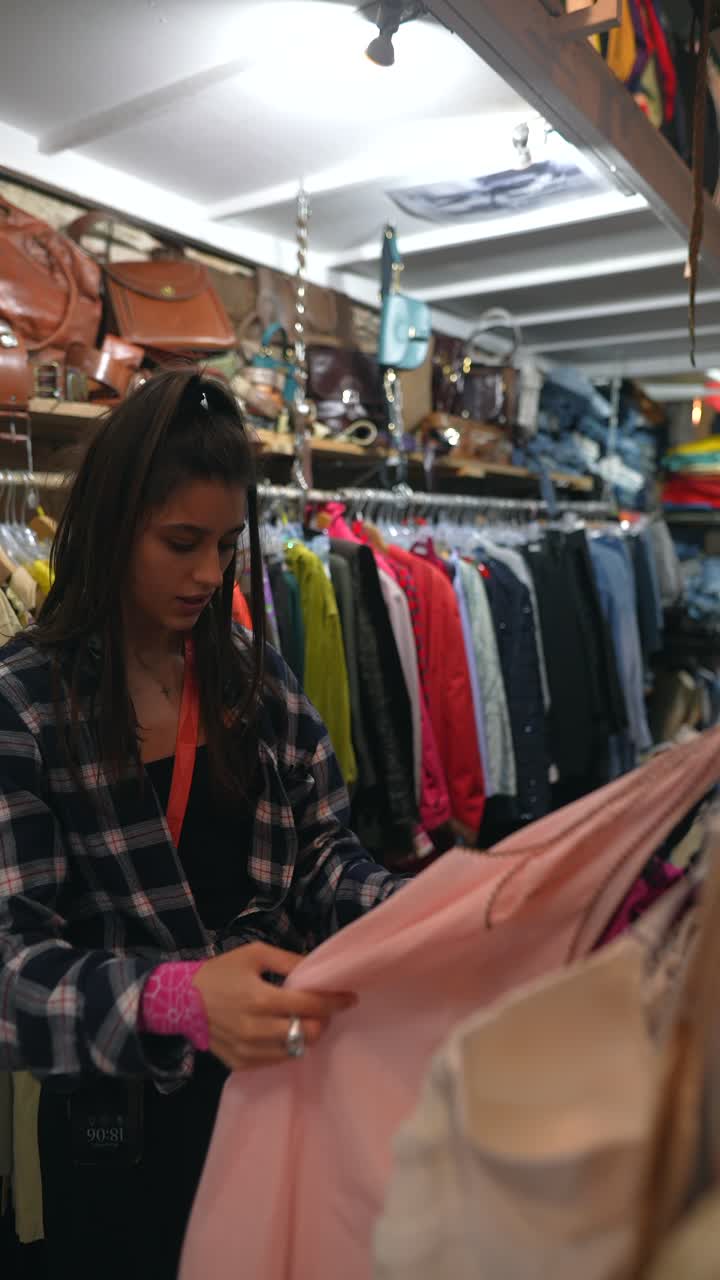 Donna che acquista abiti vintage in un negozio dell'usato