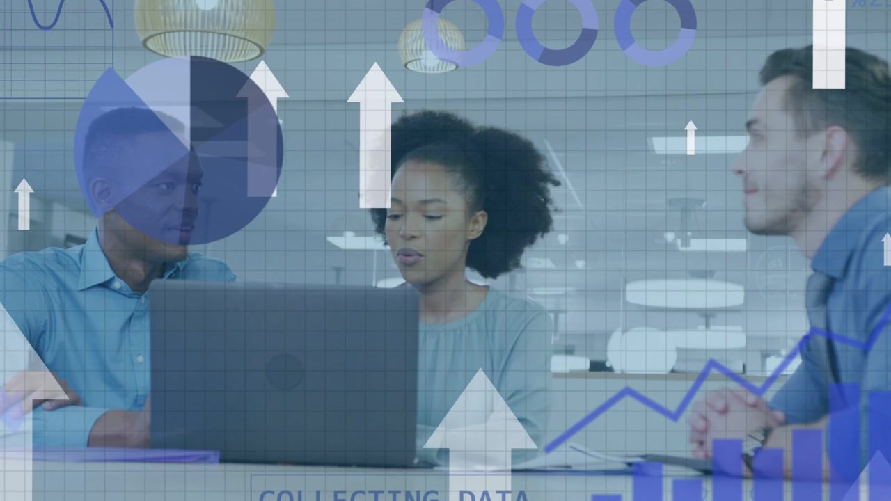 Center woman reading laptop and sparking data charts, business team analyzing and choosing plan