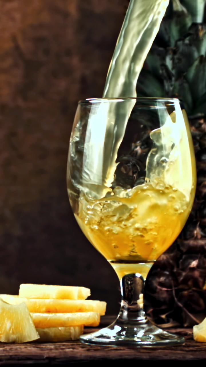 Vertendo Suco Fresco de Abacaxi em um Copo com Fatias de Fruta