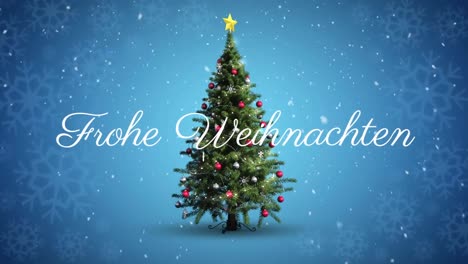 Frohe-weihnachten-text-and-snow-falling-against-snowflakes-on-blue-background