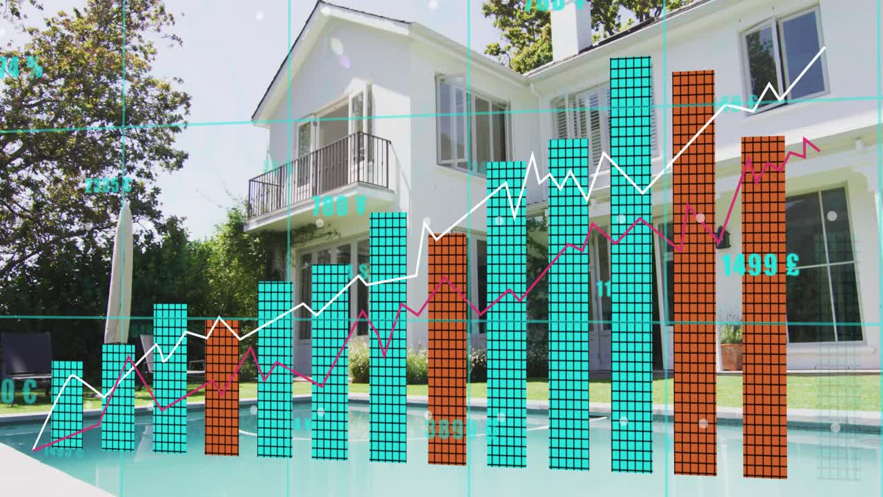 Grid overlay emerging over pool as colored bars rising showing data ...