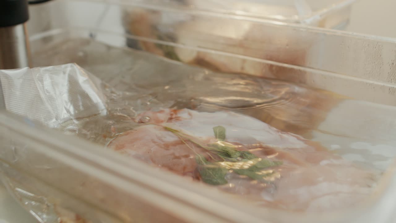 la carne de pavo envasada al vacío se coloca en la máquina sous vide