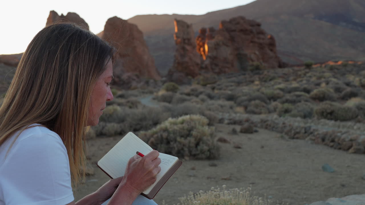 Artist sketching volcanic rocks at sunset in Teide National Park, Tenerife, Canary Islands, Spain