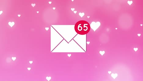 animation of social media email icon and data processing over hearts on pink background