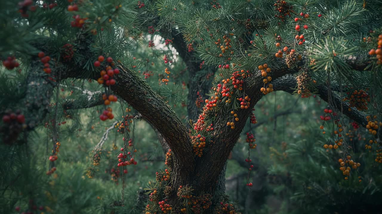 Starting trunk shot, camera panning toward split branches in forest with red orange berries