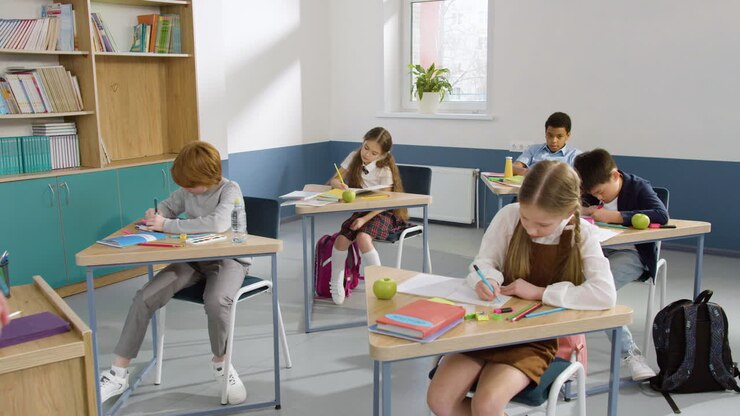 Grupo multiétnico de estudiantes sentados en pupitres en un aula de inglés 1.