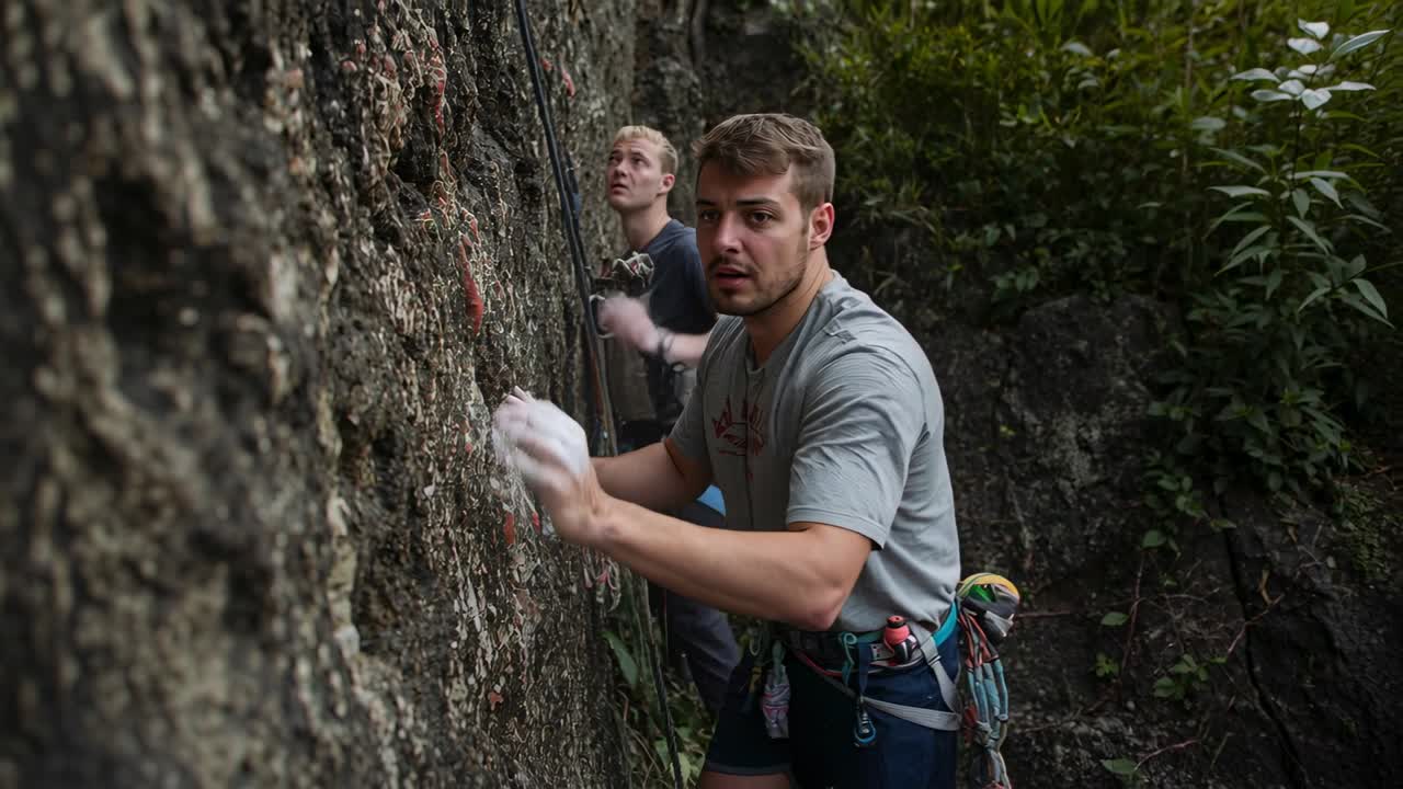 Chalking climber with harness preparing grip to climb route at rock crag, partner managing rope