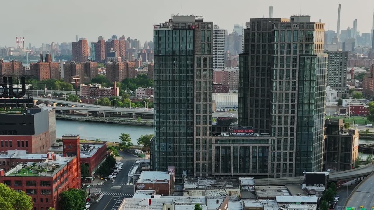 Droning over bustling New York City with skyline views in the background