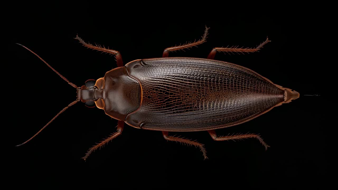 At start showing dark brown beetle staying still in studio with black backdrop, revealing elytra