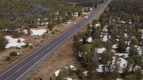 coche conduciendo en una carretera de campo entre árboles y campos en el bosque nacional de kaibab en arizona - toma aérea