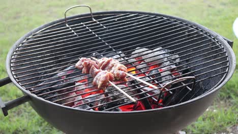 placing chicken skewers on a charcoal bbq