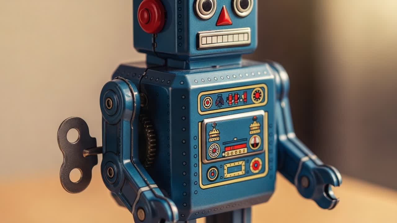 A Retro Mechanical Robot with a Winding Key: Capturing the Charm of Vintage Toys in Two Distinct Frames that Showcase Its Unique Features and Playful Personality